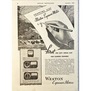Weston Electrical Instrument Exposure Meters "First on X-mas List" Vtg Ad 1938